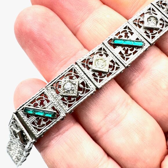Vintage Art Deco Green And Clear Glass Stone Silver Bracelet 7 Inch Antique - Picture 1 of 6
